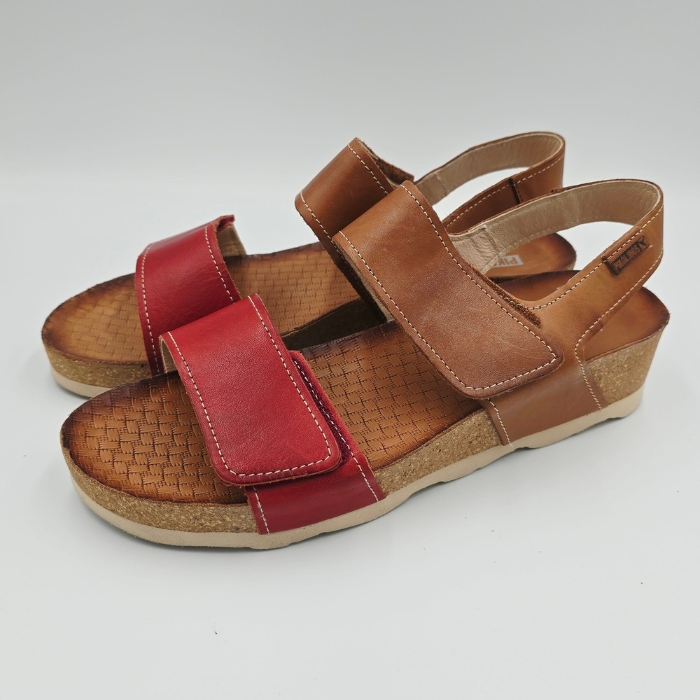 Pikolinos Women 9 Red Brown Leather Wedge Sandals Made in Spain Adjustable Strap